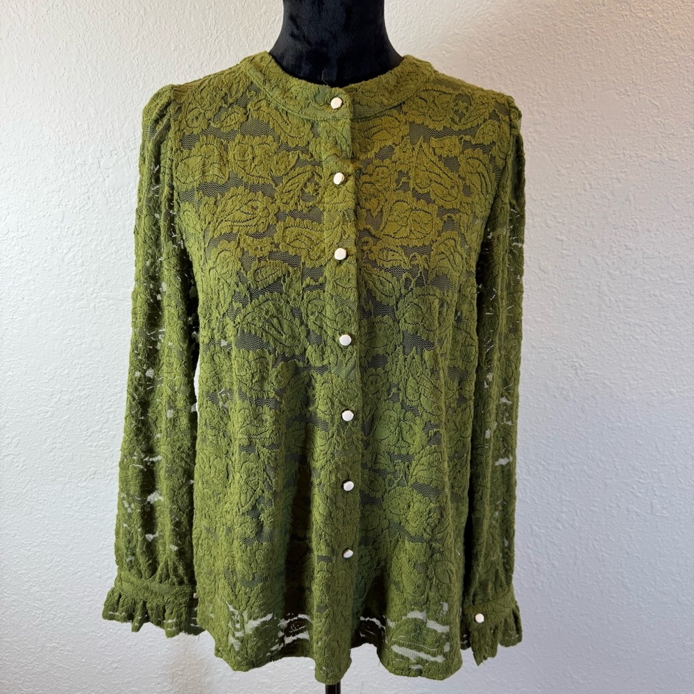 Chic Olive Lace Button-Up Blouse green with ruffle sleeve cuff‎